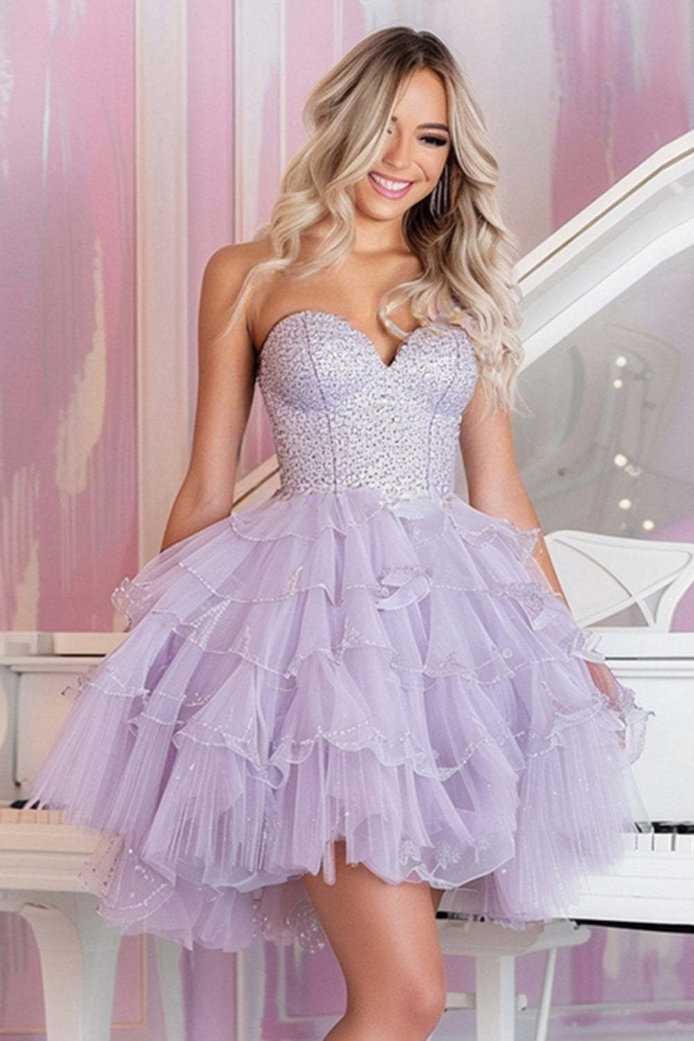 Sparkly Lilac A Line Tulle Sweetheart Short Homecoming Dress