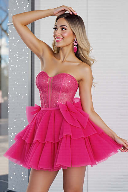 Leely Women Sparkly Fuchsia Corset Tulle Mini Homecoming Dress A Line Strapless Tiered Birthday Dress with Bows