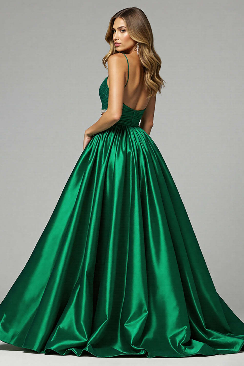 Sparkly Dark Green Ball Gown V-Neck Cut Out Maxi Prom Dress with Slit