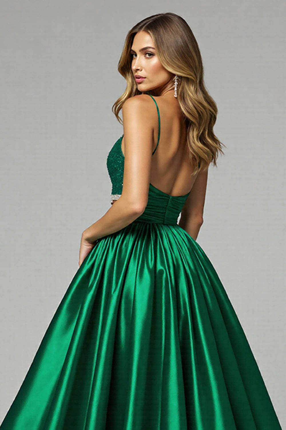 Sparkly Dark Green Ball Gown V-Neck Cut Out Maxi Prom Dress with Slit