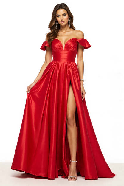 Leely Women Red Satin Maxi Ball Gown Ruched Prom Dress with Slit A Line Off the Shoulder Military Ball Dress