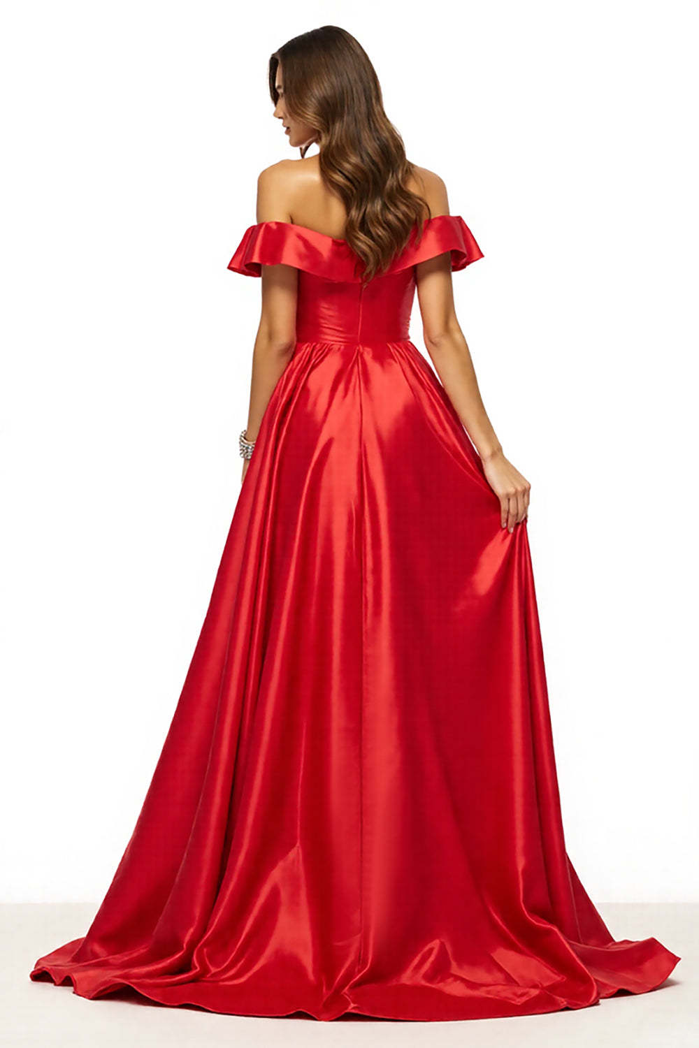 Red Off the Shoulder Satin A Line Maxi Prom Dress with Slit