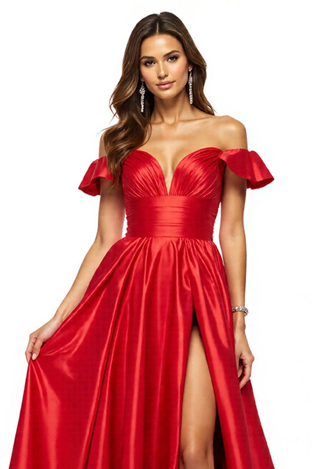 Red Off the Shoulder Satin A Line Maxi Prom Dress with Slit