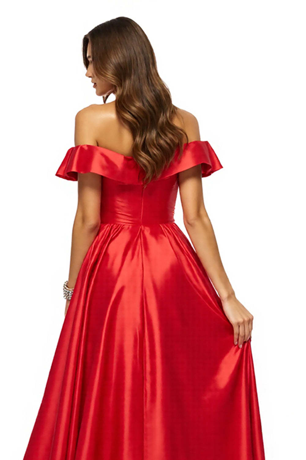 Red Off the Shoulder Satin A Line Maxi Prom Dress with Slit