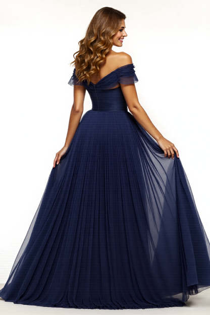 Navy A Line Off the Shoulder Maxi Prom Dress with Slit