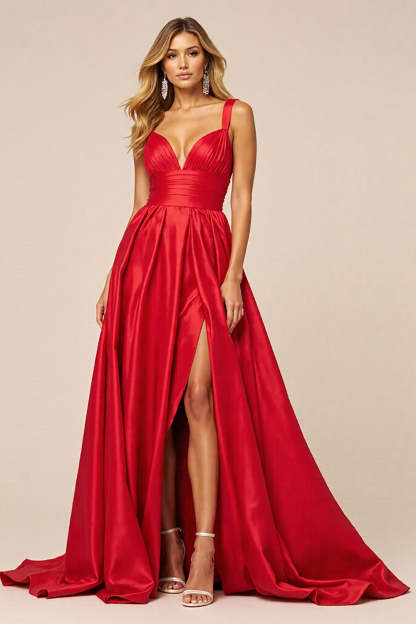 Leely Women Red Satin Maxi Prom Dress with Slit A Line V-Neck Sweep Train Military Ball Dress
