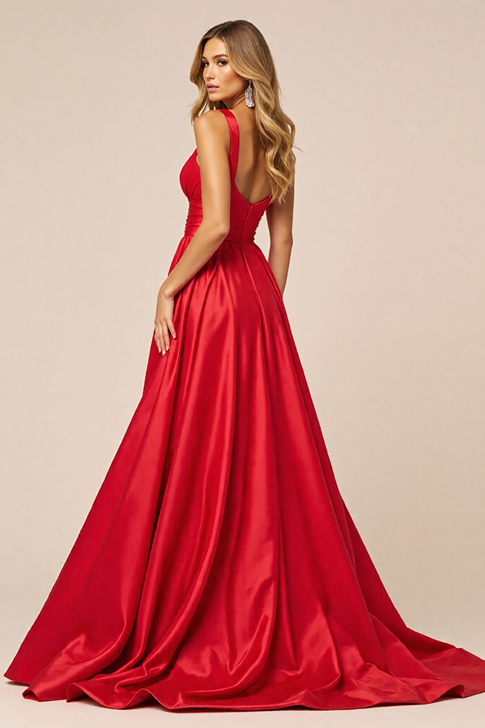 Red Satin A Line V-Neck Ruched Maxi Prom Dress with Slit