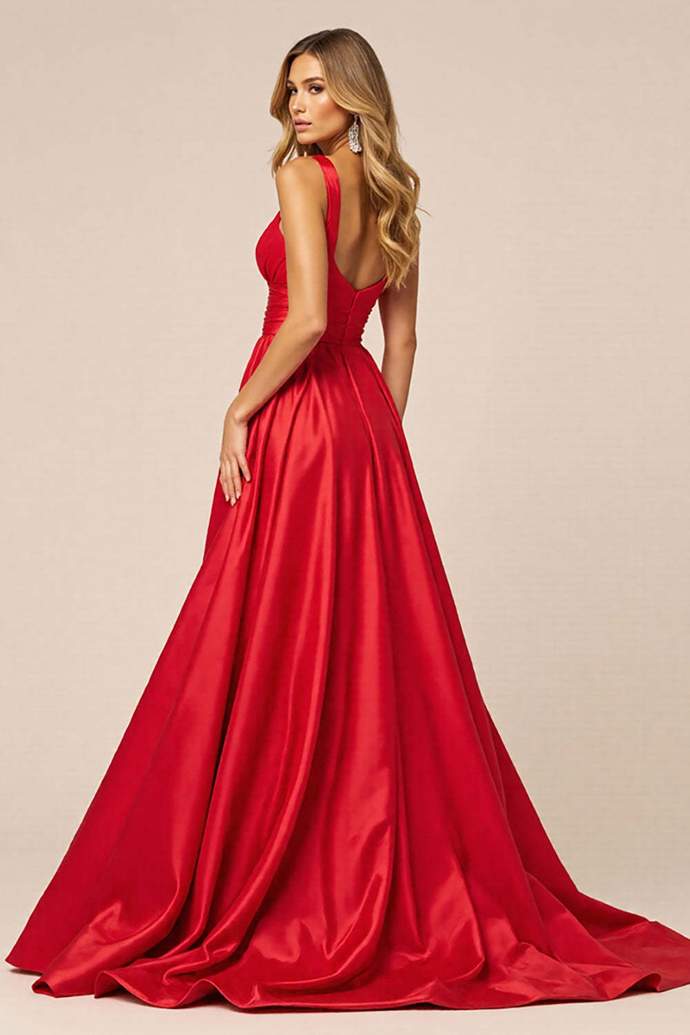 Red Satin A Line V-Neck Ruched Maxi Prom Dress with Slit