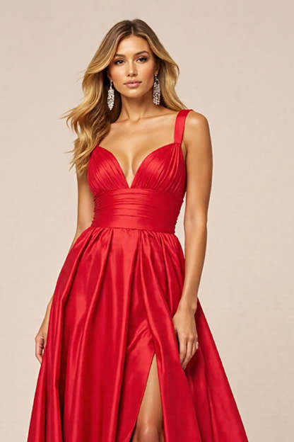 Red Satin A Line V-Neck Ruched Maxi Prom Dress with Slit