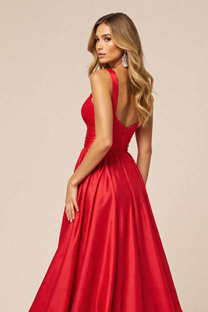 Red Satin A Line V-Neck Ruched Maxi Prom Dress with Slit