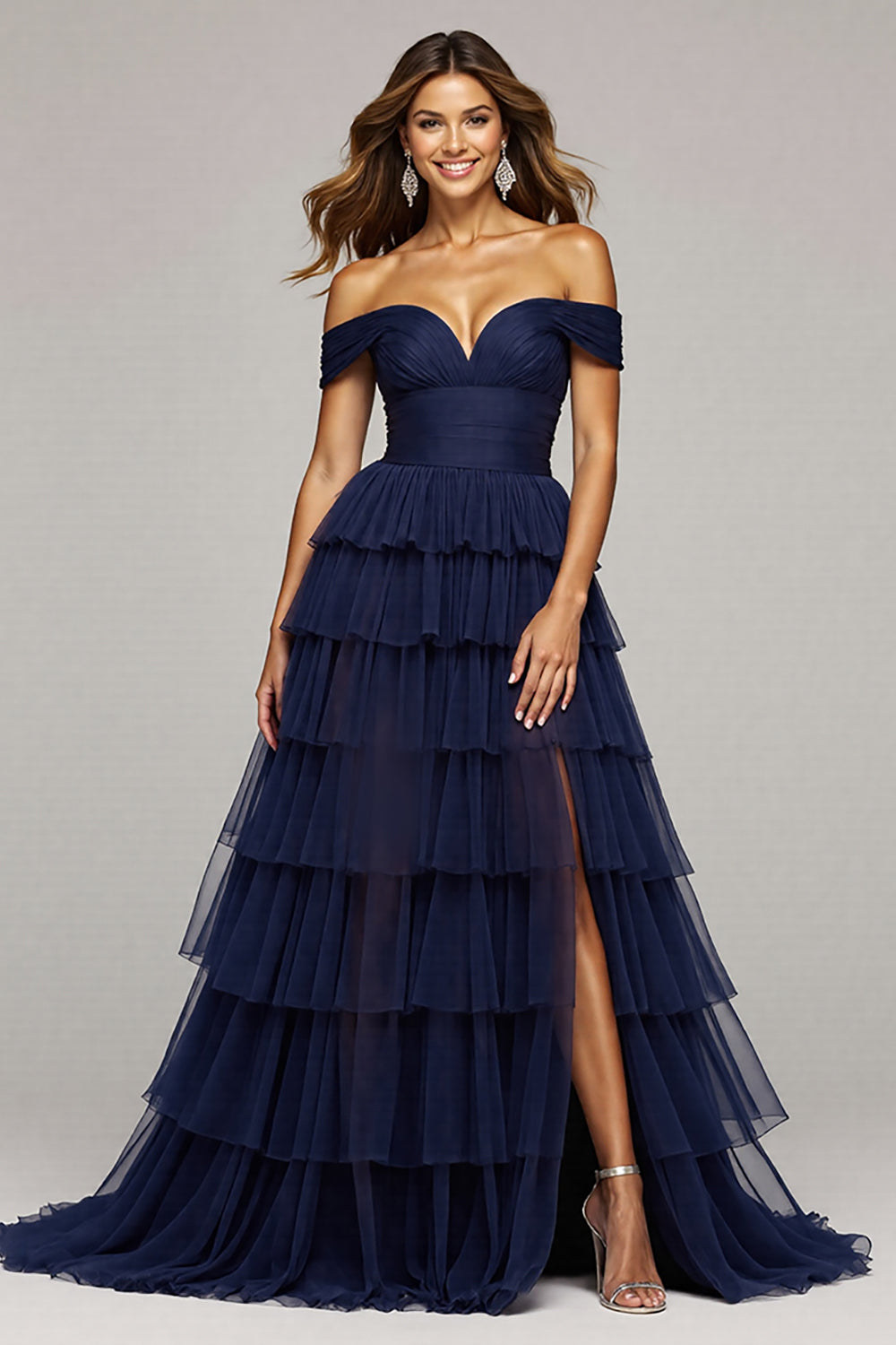 Navy Tulle A Line Off the Shoulder Maxi Tiered Prom Dress with Slit