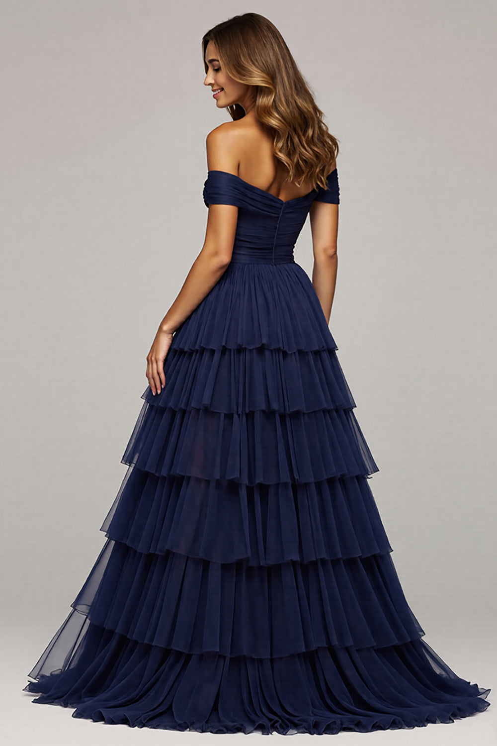 Navy Tulle A Line Off the Shoulder Maxi Tiered Prom Dress with Slit