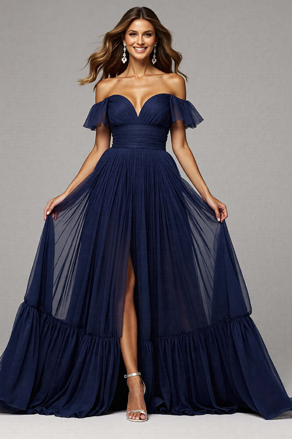 Leely Women Navy Chiffon Maxi Pleated Prom Dress with Slit A Line Off the Shoulder Military Ball Dress
