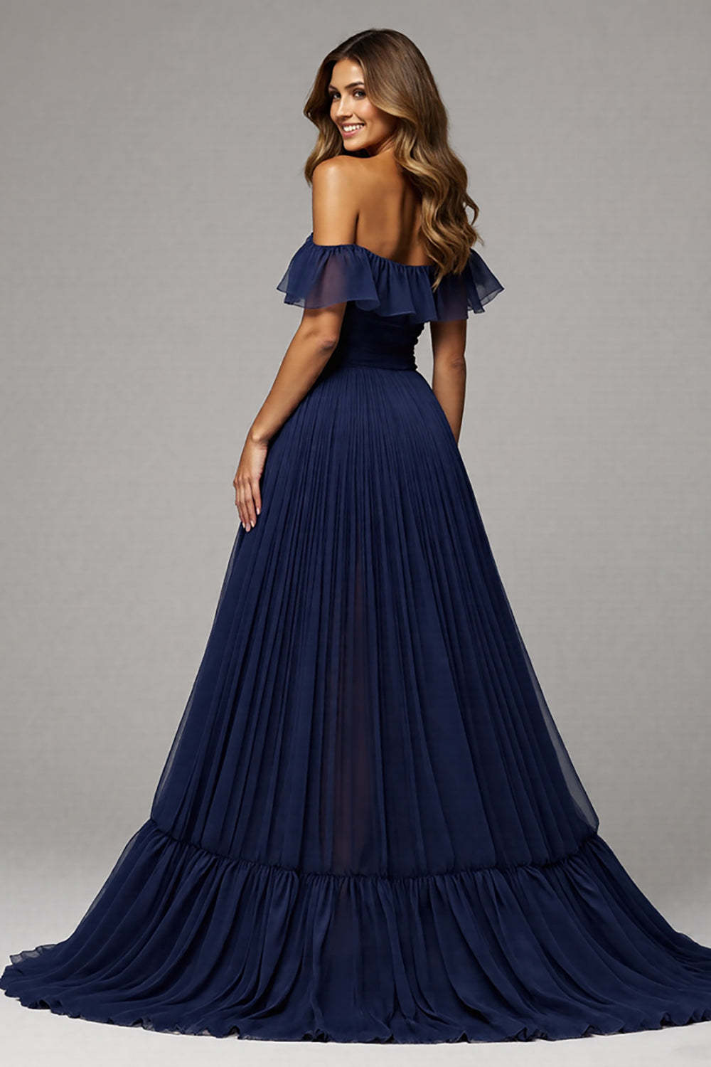Navy Pleated A Line Off the Shoulder Maxi Prom Dress with Slit