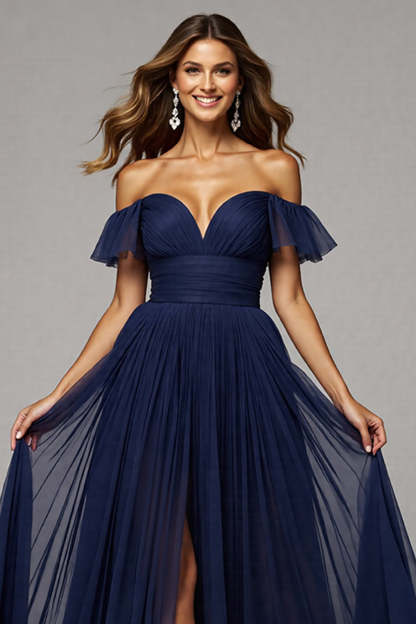 Navy Pleated A Line Off the Shoulder Maxi Prom Dress with Slit
