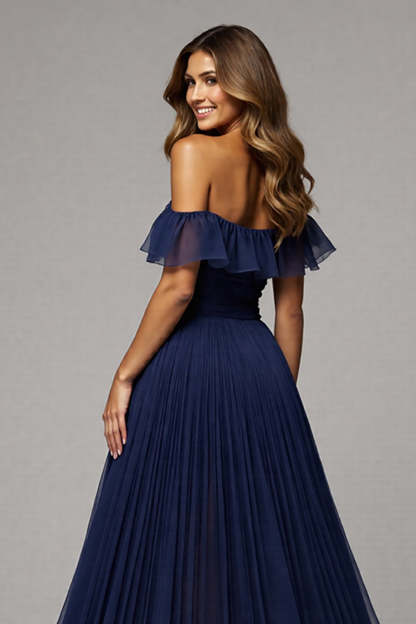 Navy Pleated A Line Off the Shoulder Maxi Prom Dress with Slit