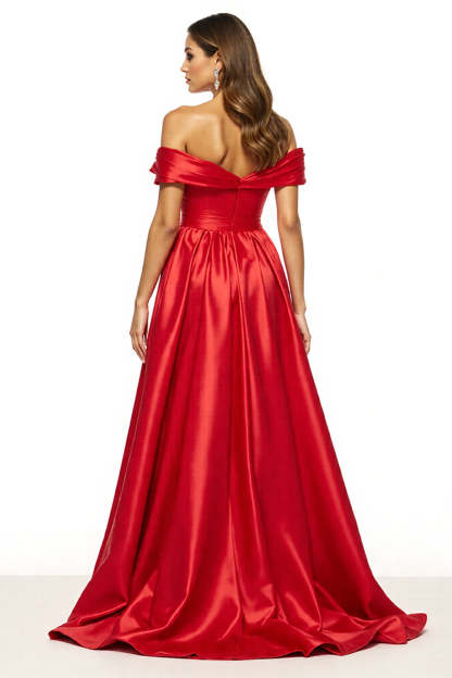 Red Ball Gown Satin Off the Shoulder Maxi Prom Dress with Slit