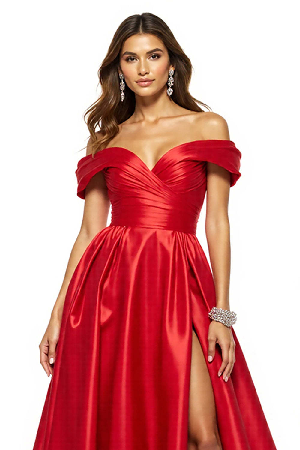 Red Ball Gown Satin Off the Shoulder Maxi Prom Dress with Slit