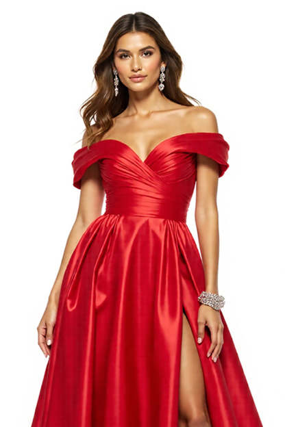 Red Ball Gown Satin Off the Shoulder Maxi Prom Dress with Slit