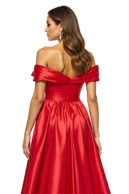 Red Ball Gown Satin Off the Shoulder Maxi Prom Dress with Slit