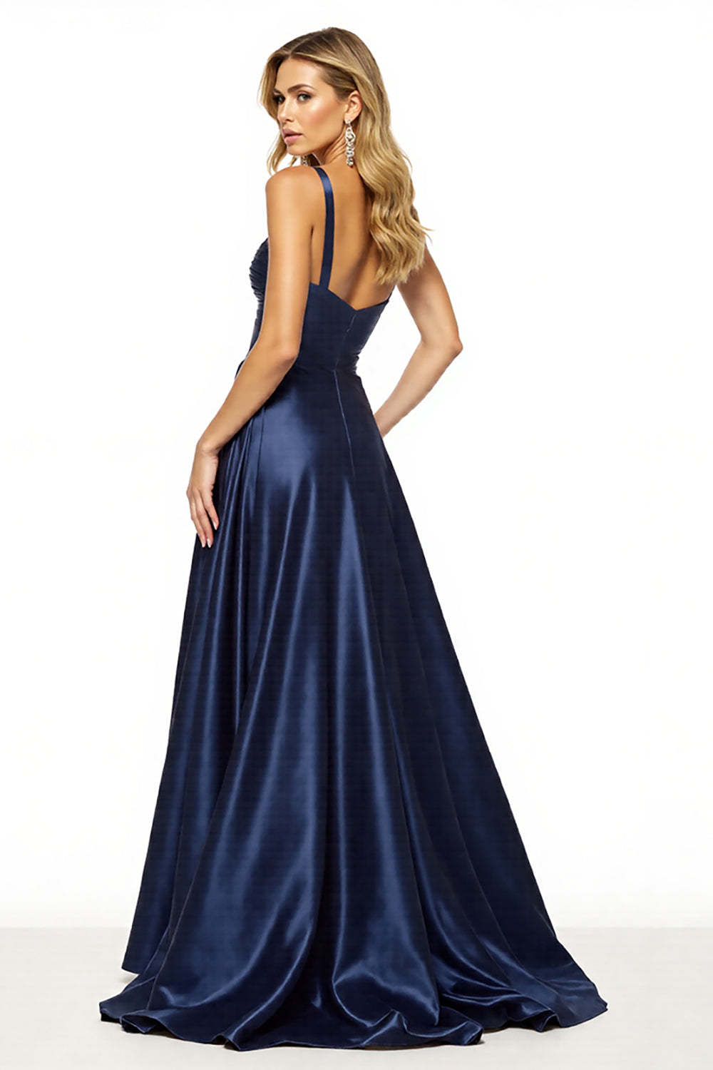Navy Satin A Line Spaghetti Straps Maxi Prom Dress with Slit