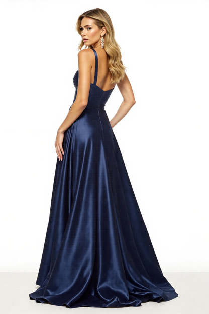 Navy Satin A Line Spaghetti Straps Maxi Prom Dress with Slit