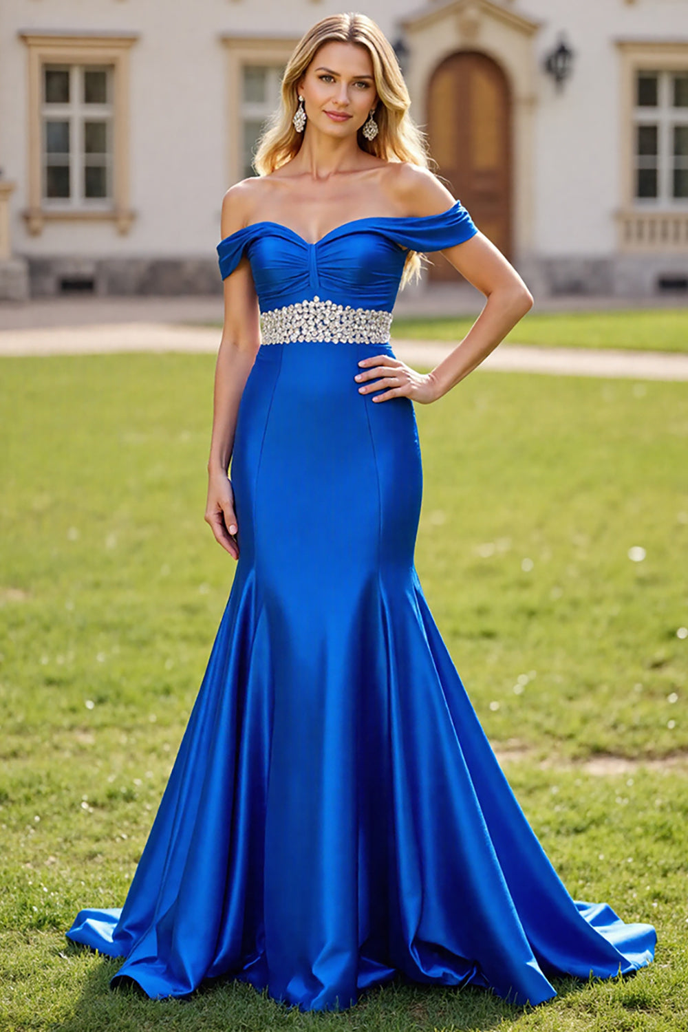 Leely Women Sparkly Royal Blue Satin Maxi Prom Dress with Rhinestones Mermaid Off the Shoulder Evening Dress