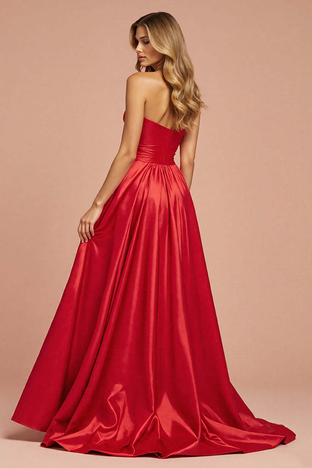 Red A Line Satin Maxi Strapless Prom Dress with Slit