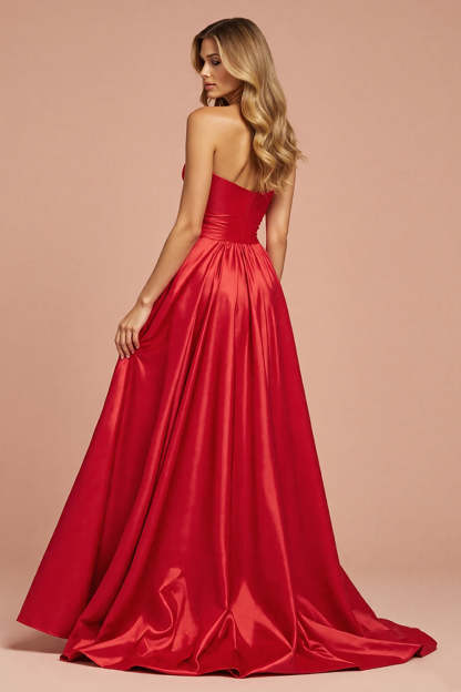Red A Line Satin Maxi Strapless Prom Dress with Slit