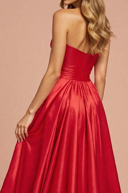 Red A Line Satin Maxi Strapless Prom Dress with Slit