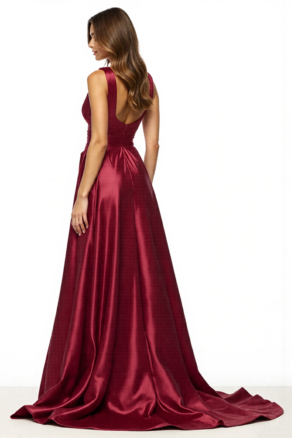 Satin Maxi Burgundy V-Neck A Line Prom Dress with Slit