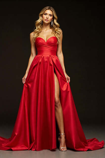 Leely Women Red Satin Maxi Prom Dress with Slit A Line Sweetheart Military Ball Dress