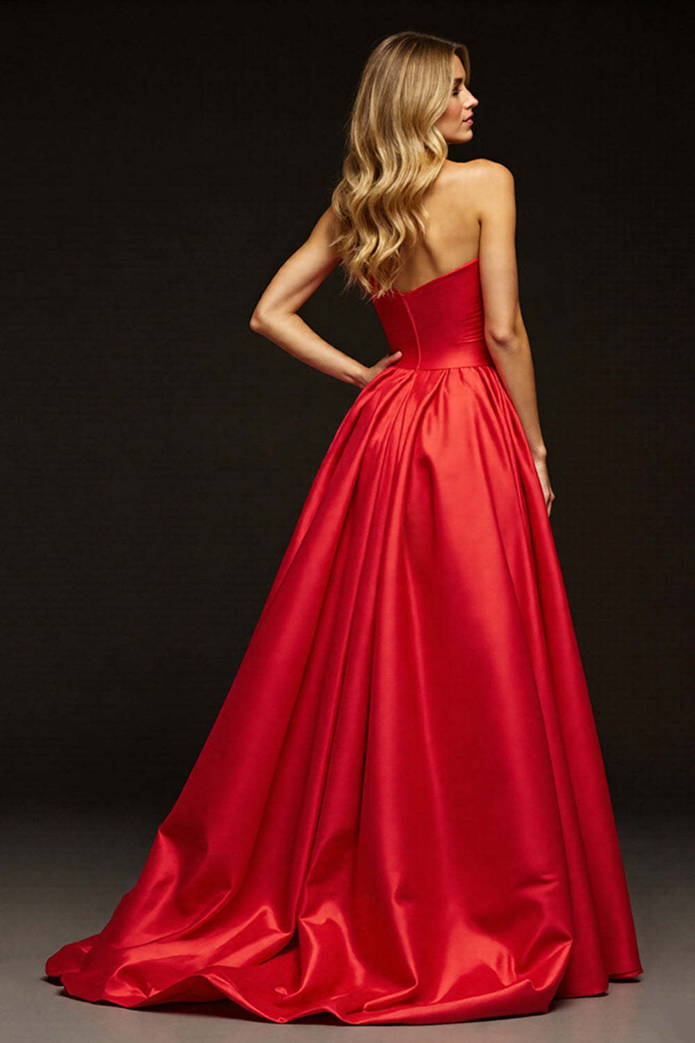 Red Sweetheart A Line Maxi Satin Prom Dress with Slit