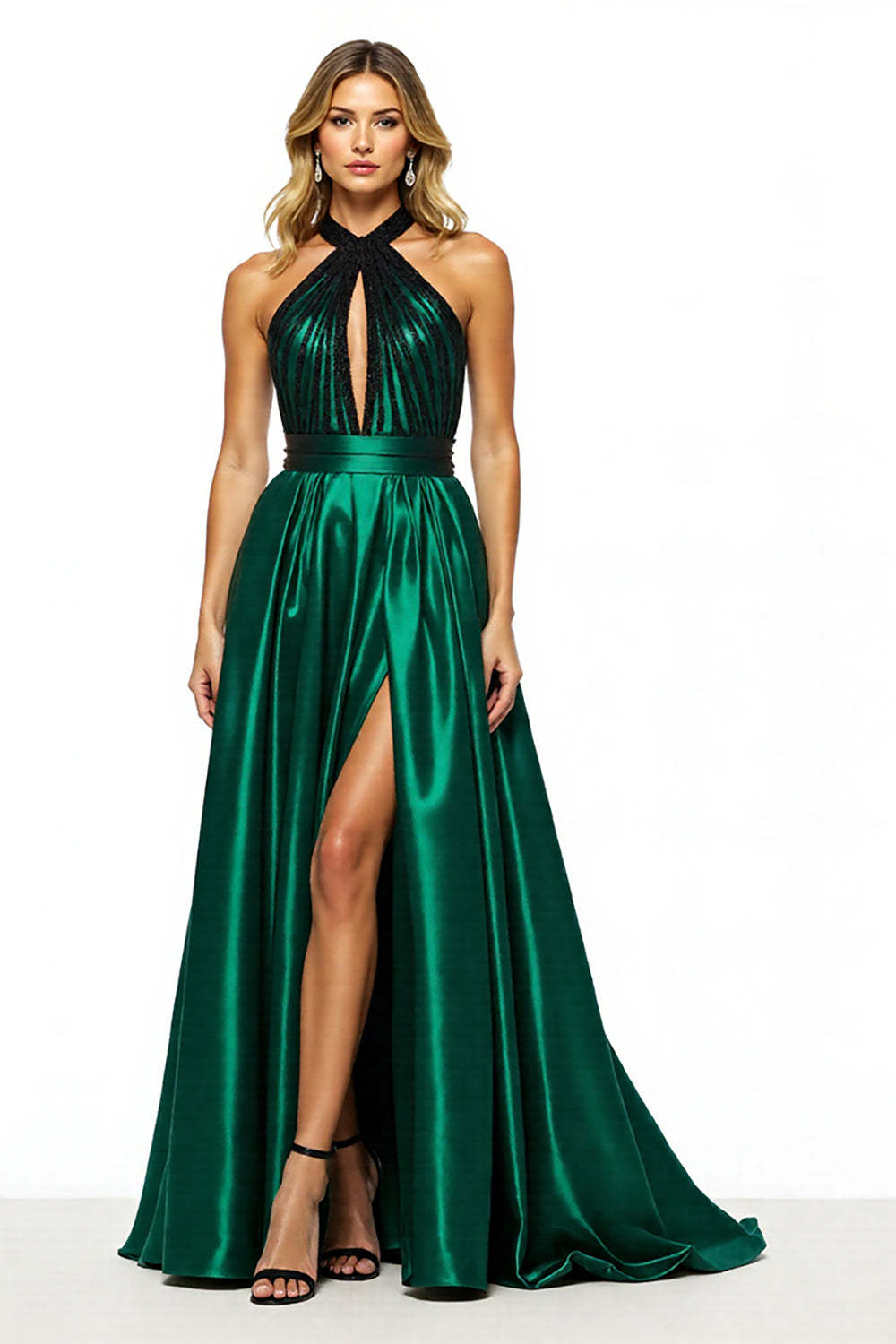 Leely Women Dark Green Satin Maxi Prom Dress with Slit A Line Keyhole Halter Evening Dress