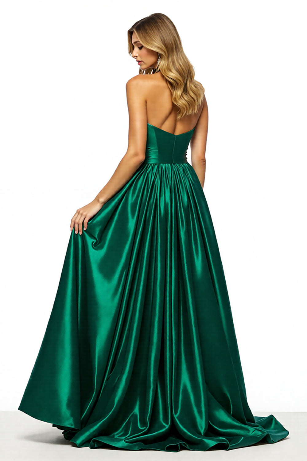 Maxi Dark Green Satin Keyhole A Line Halter Prom Dress with Slit