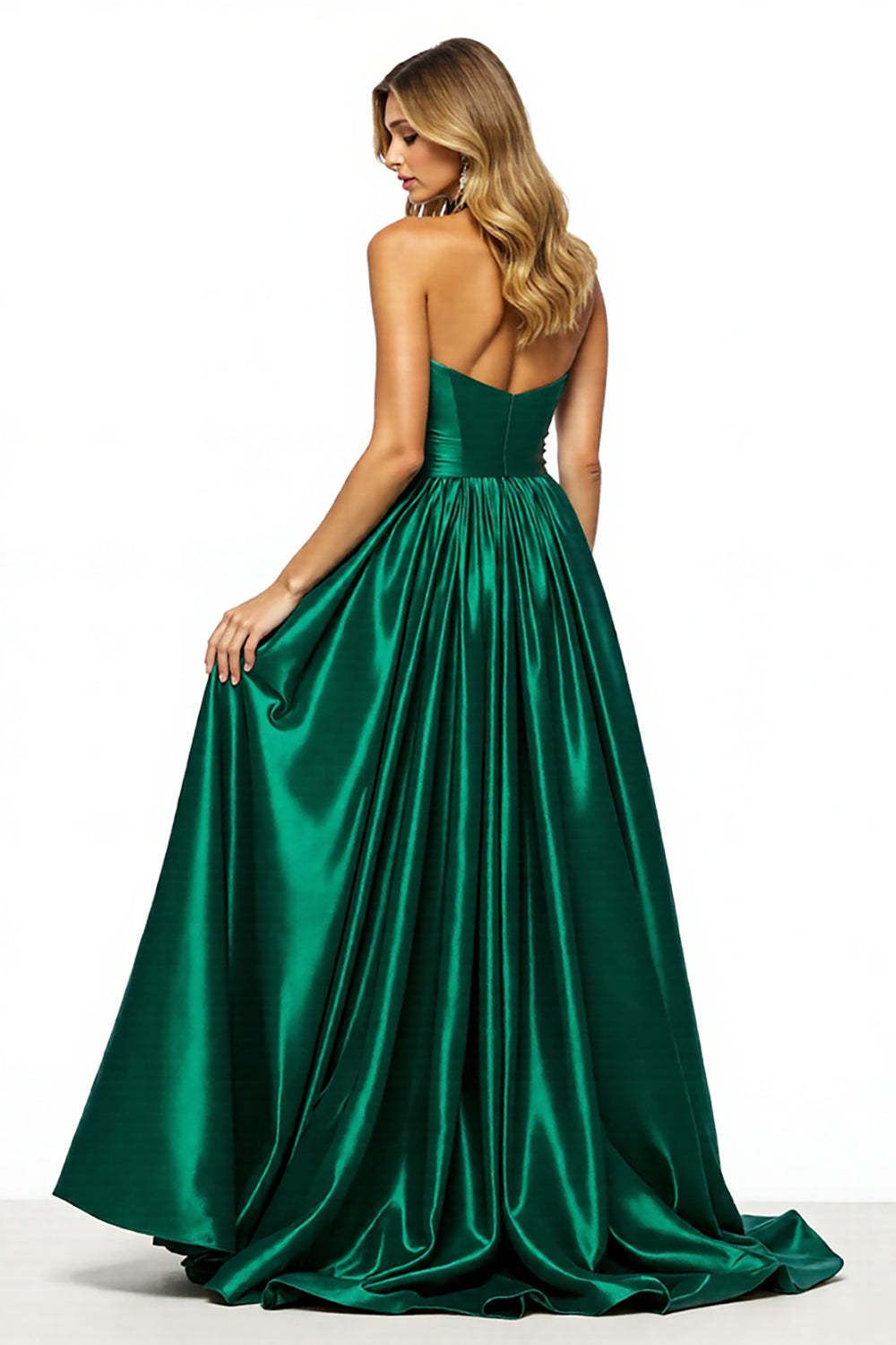 Maxi Dark Green Satin Keyhole A Line Halter Prom Dress with Slit