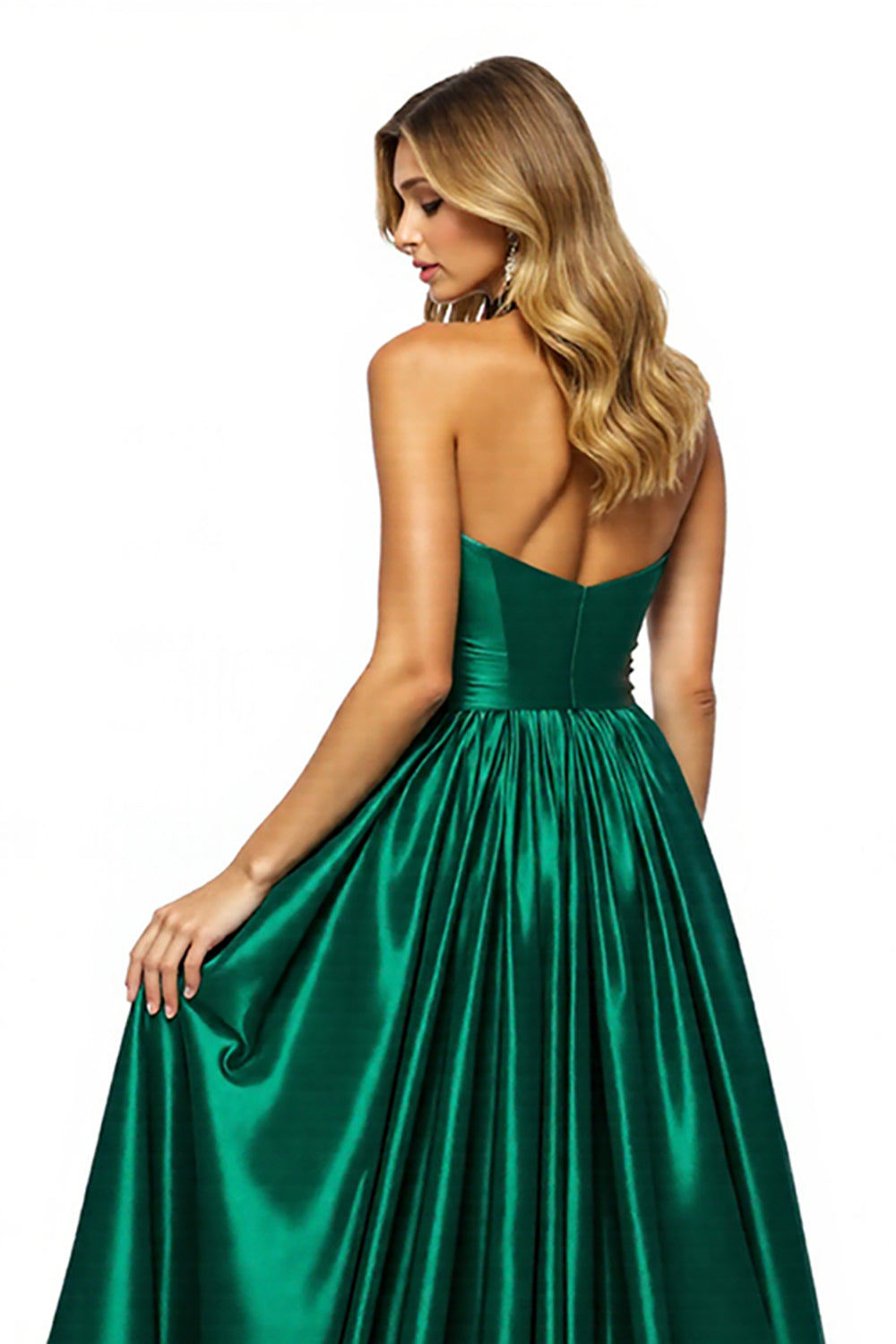 Maxi Dark Green Satin Keyhole A Line Halter Prom Dress with Slit