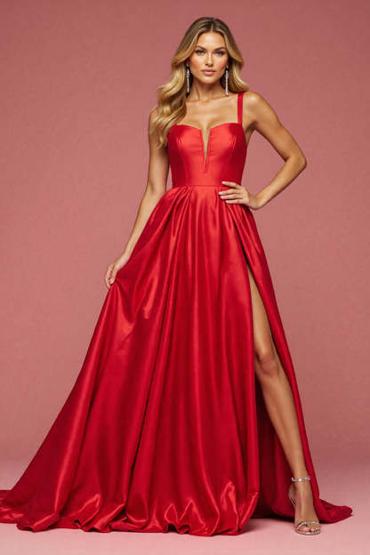Leely Women Simple Red Satin Maxi Prom Dress with Slit A Line Square Neck Military Ball Dress