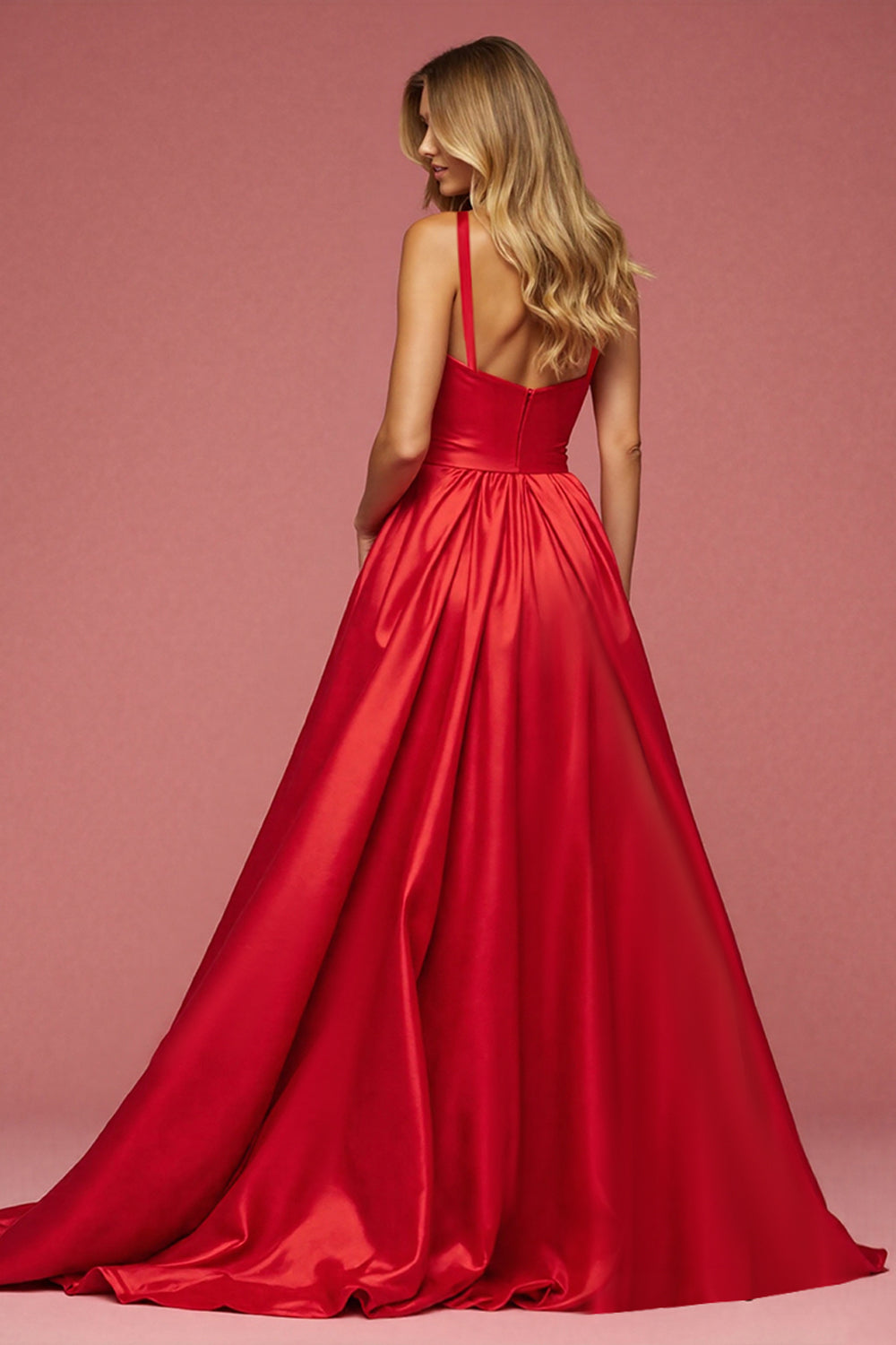 A Line Red Satin Maxi Prom Dress with Slit