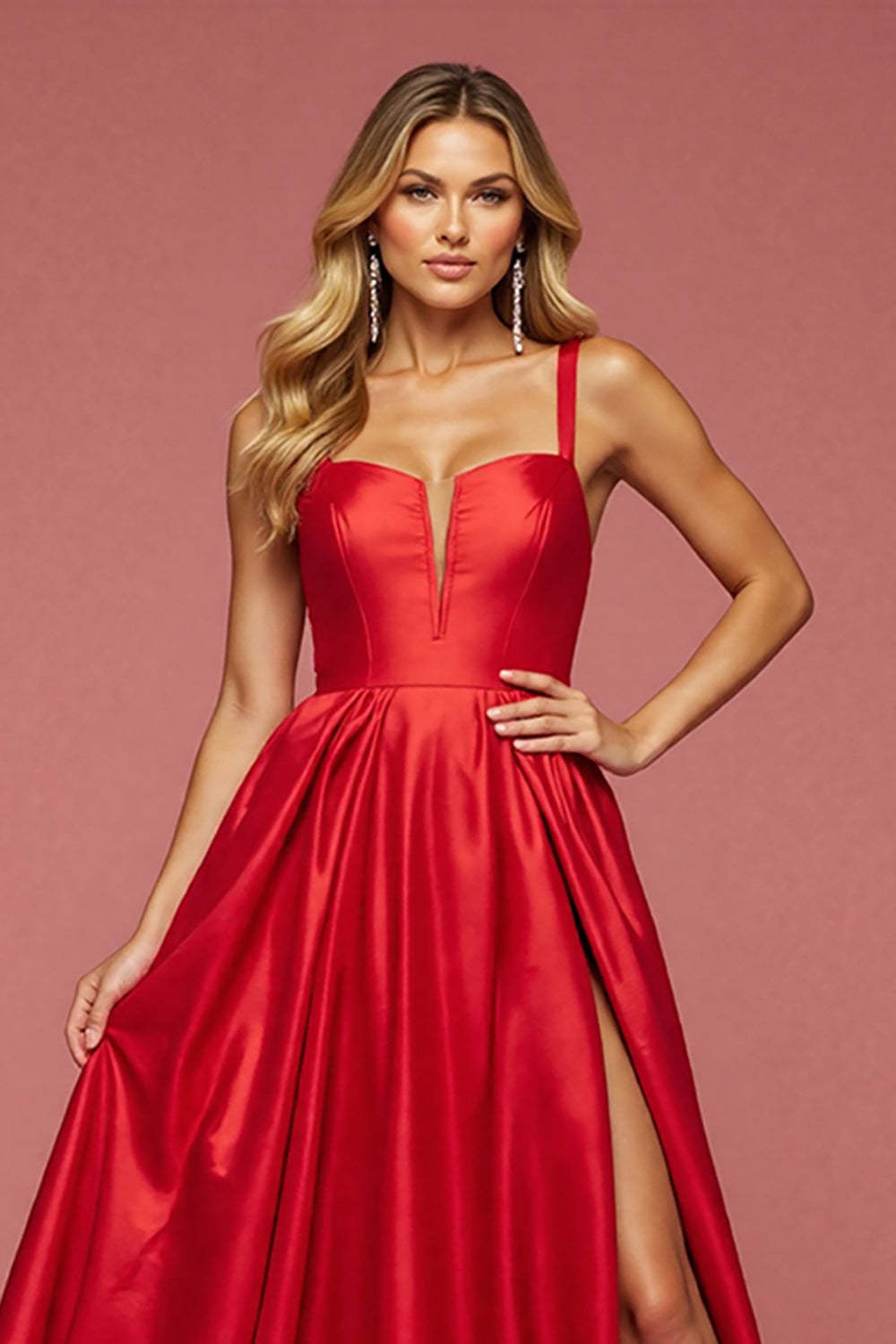 A Line Red Satin Maxi Prom Dress with Slit