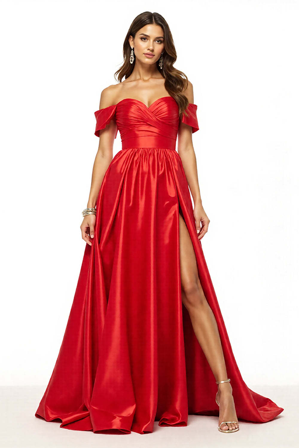 Leely Women Red Satin Maxi Prom Dress with Slit A Line Off the Shoulder Military Ball Dress
