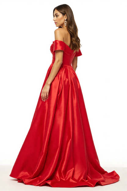 Satin Red Off the Shoulder Maxi A Line Prom Dress with Slit