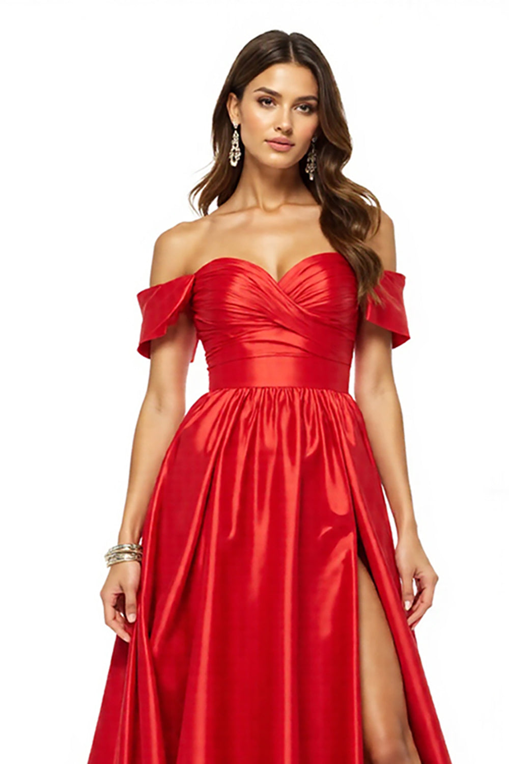 Satin Red Off the Shoulder Maxi A Line Prom Dress with Slit