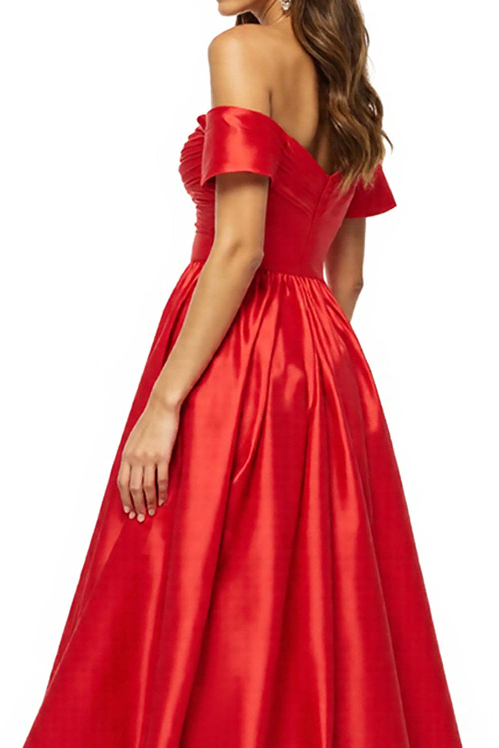 Satin Red Off the Shoulder Maxi A Line Prom Dress with Slit