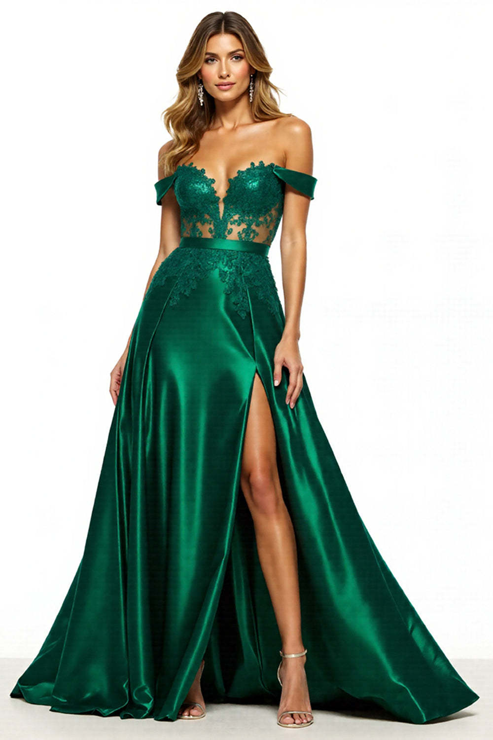Leely Women Dark Green Satin Maxi Prom Dress with Slit Off the Shoulder A Line Ball Gown with Lace