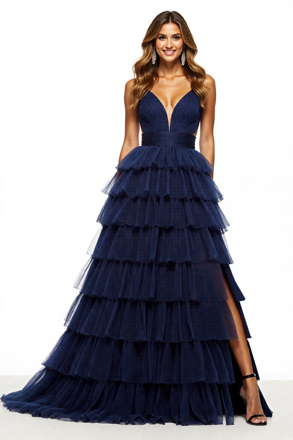 Leely Women Navy Tulle Maxi Ruffled Prom Dress with Slit Ball Gown V-Neck Tiered Spaghetti Straps Pageant Dress
