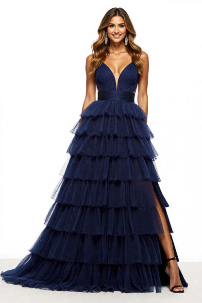 Leely Women Navy Tulle Maxi Ruffled Prom Dress with Slit Ball Gown V-Neck Tiered Spaghetti Straps Pageant Dress