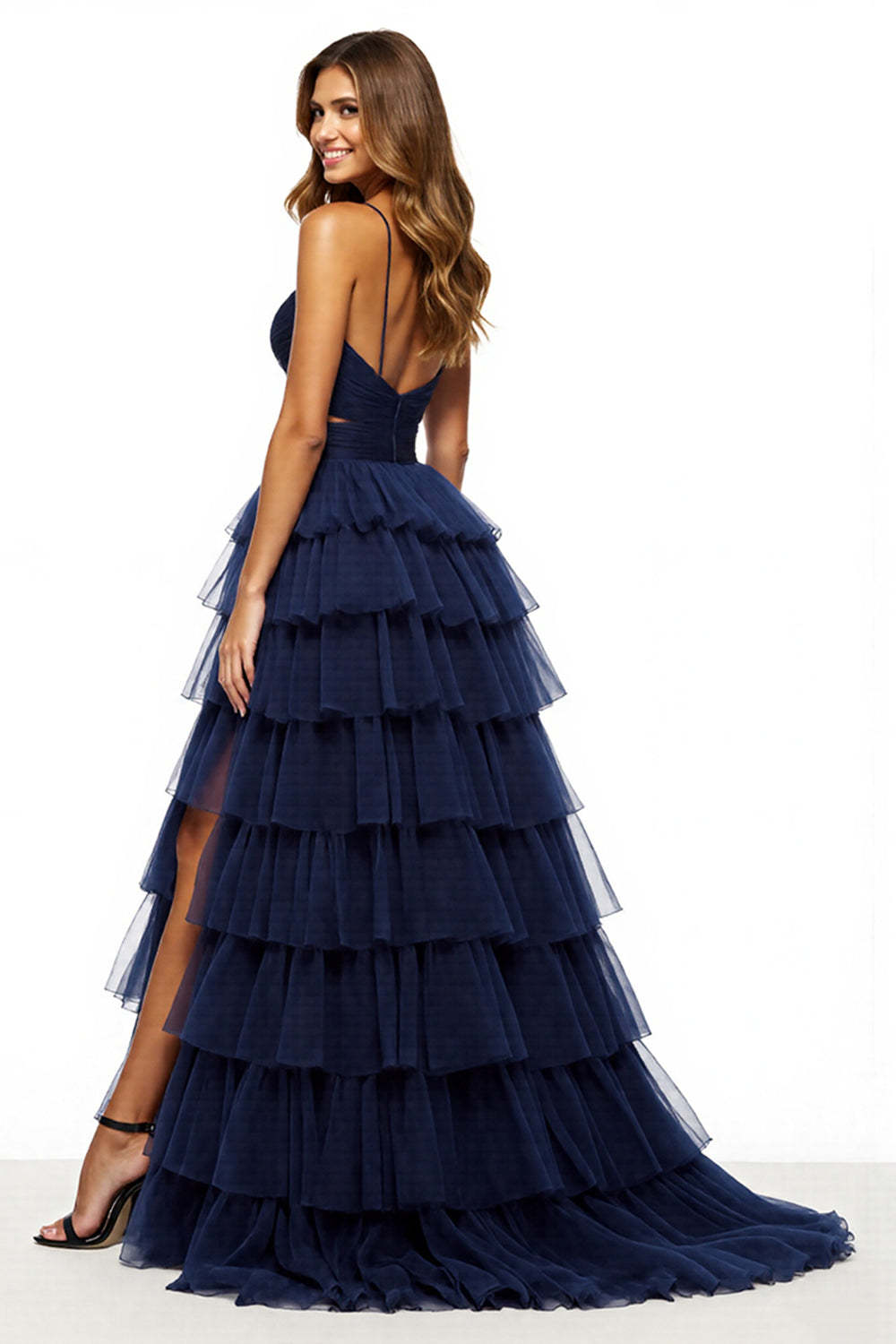 Navy Tiered Tulle V-Neck Ball Gown Maxi Prom Dress with Slit