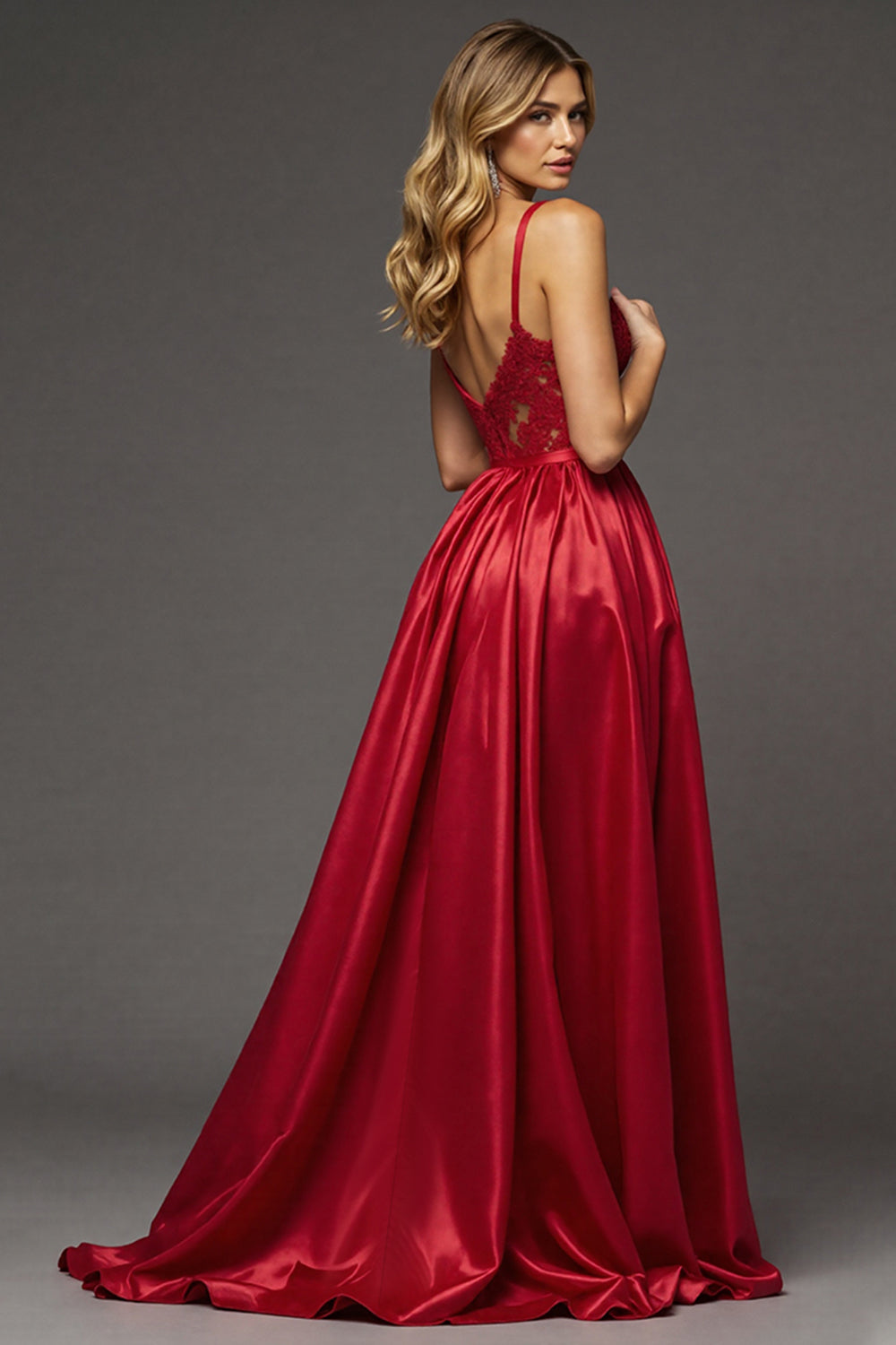 Red A Line Satin Maxi V-Neck Prom Dress with High Slit