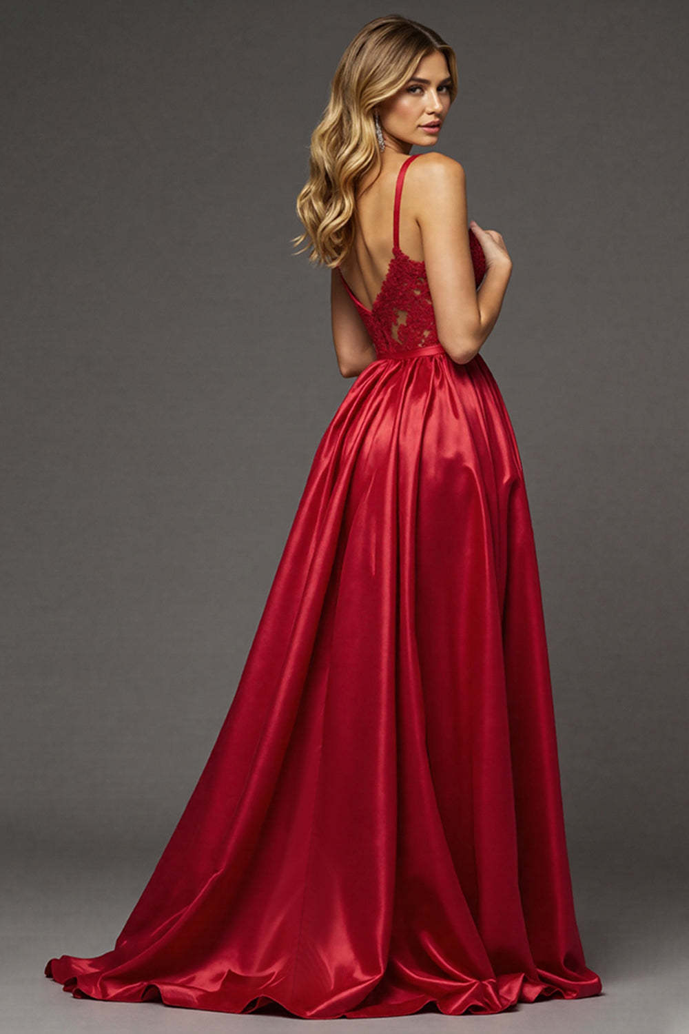 Red A Line Satin Maxi V-Neck Prom Dress with High Slit